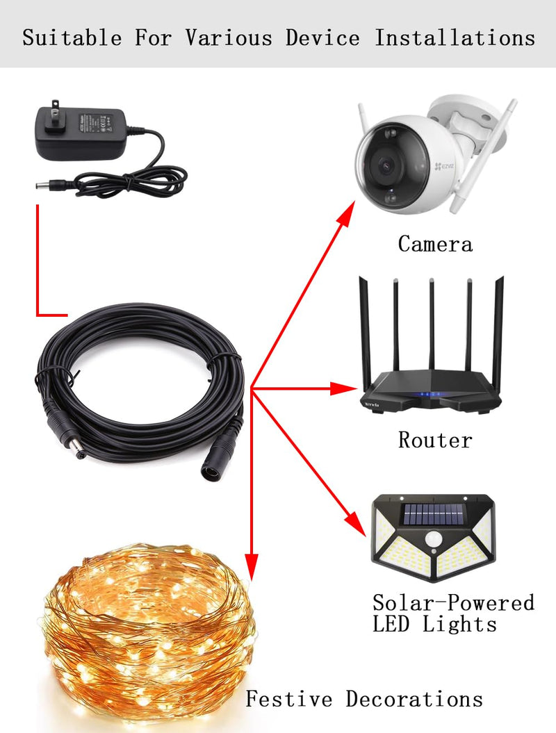 [AUSTRALIA] - DC Power Extension Cable 5.5mm x 2.1mm 18AWG Current 10A 16.4FT Female to Male,Thickened Metal Connector Extension Cord for Security Cameras CCTV IP, Router, LED Strips, Solar Panels 5V 9V 12V 24V 16.4FT（5M） 