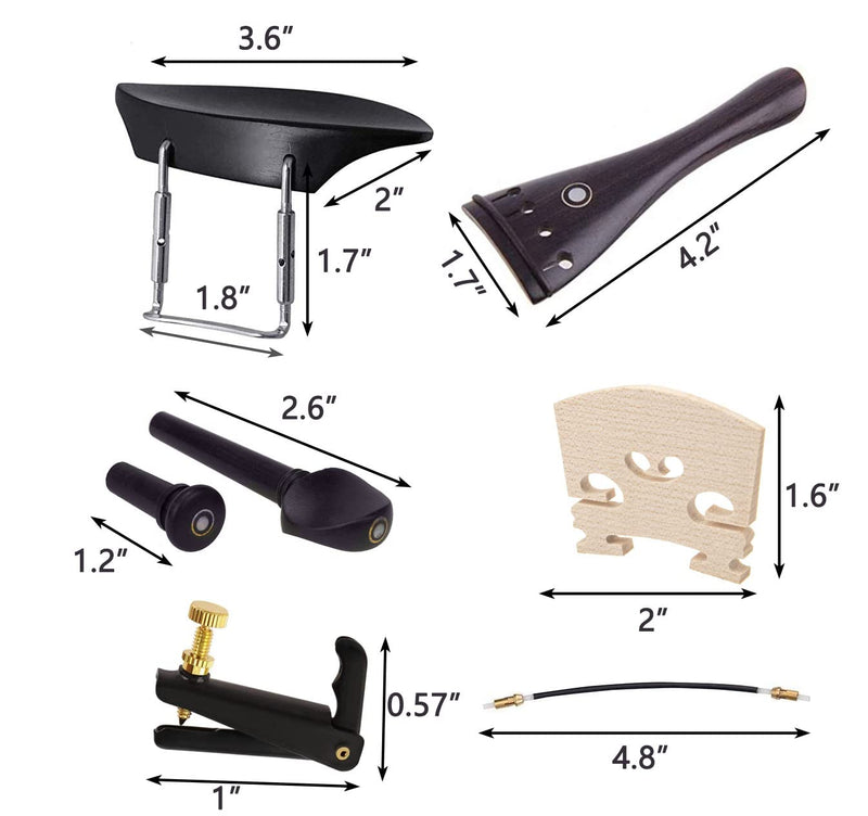 4/4 Full Size Violin Accessories Kit Bridge, Tailpiece, Tuning Pegs, Tunners, Endpin, Tailgut, String and Chin Rest 1 Set Violin Parts & Accessories Ebony