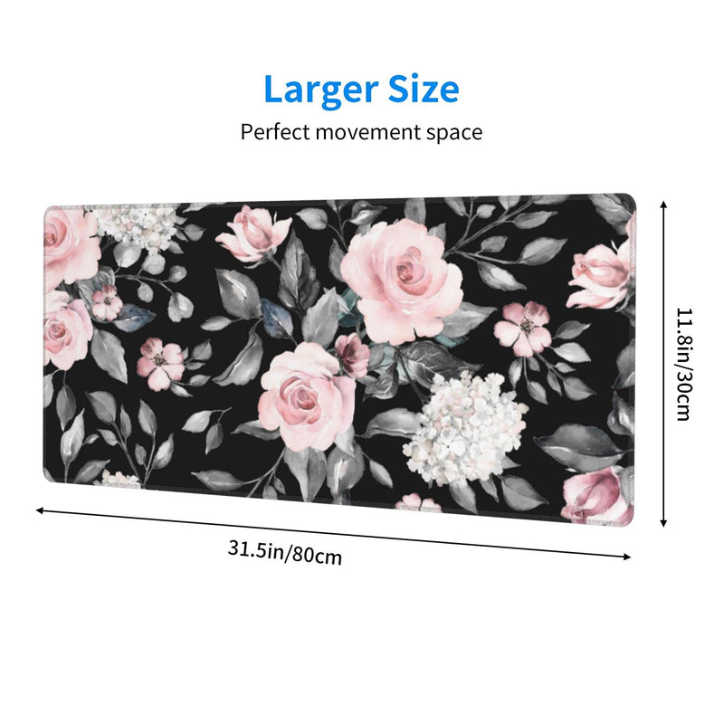 Floral Extended Gaming Mouse Pad Non-Slip Rubber Base Black Large Mousepad 31.5x11.8in with Stitched Edge Waterproof Pink Peony Flowers Pads Computer Black Desk Laptop Mats for Work/Game/Office/Home Flower