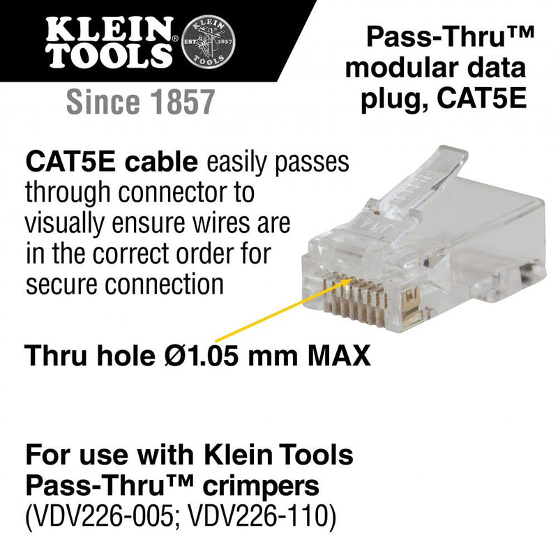 Klein Tools Pass-Thru Modular Data Plugs CAT6 and CAT5E Gold Plated 50-Pack Bundle
