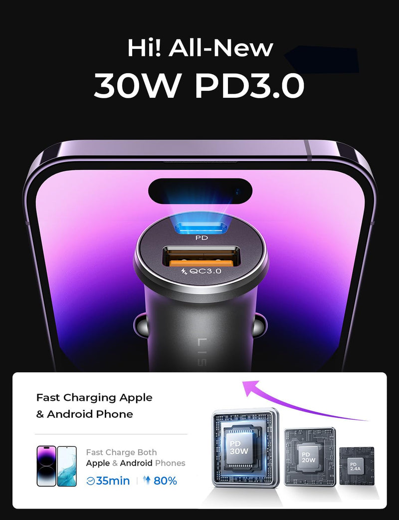 LISEN 48W USB C Car Charger Adapter [2 Pack] [Mini & Metal] Cigarette Lighter USB Charger Fast Charging [PD QC 3.0] USBC Car Phone Charger for iPhone 17 Pro Max Plus 16 Galaxy iPad Silver Kits