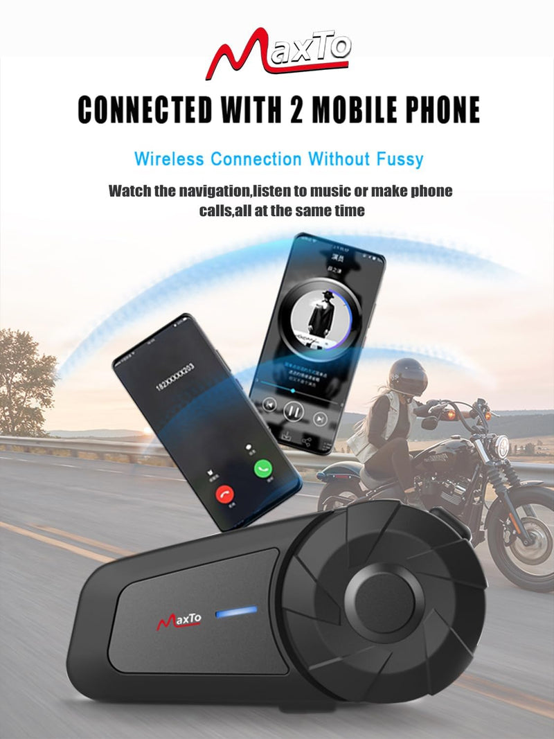 MAXTO MX1 Motorcycle Bluetooth Headset for 2 Riders 800M Intercom, 1 Pack | IPX6 Waterproof, HiFi Stereo Sound, Universal Intercom Communication Systems, 2 in1 Microphone, Motorcycle Helmet Speakers