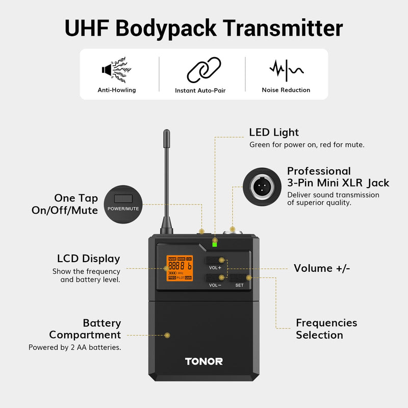 TONOR UHF Wireless Microphone System with Headset Mic/Lavalier Lapel Mic, Bodypack Transmitter, Rechargeable Receiver, 15 Channels 200ft Range 1/4" Output for Recording Live Performance PA Speaker 1 Pack