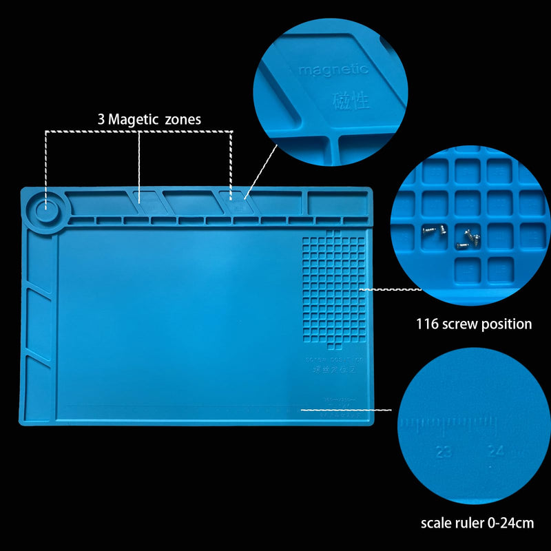 Magnetic Silicone Soldering Mat 13.8 x 9.8 inch Repair Work Pad for Solder Iron Workbench Protenction - Heat Resistant 932°F B(13.8X9.8inch)