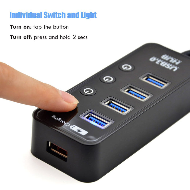 USB Hub 3.0 Powered, LYFNLOVE USB Extender 4-Port Data USB Hub with Power Adapter and 1 Smart Charging Port, USB Splitter with On/Off Switches for MacBook, Mac Pro/Mini, iMac, Surface Pro Laptop/PC