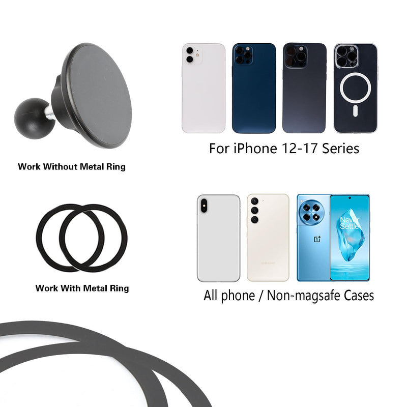 Magnetic Cell Phone Holder Base with 3.54" Double Socket arm for MagSafe iPhone 17 16 15 14 13 Series,Compatible with RAM B Size Mounts Magnetic Phone Holder with 3.54" Arm