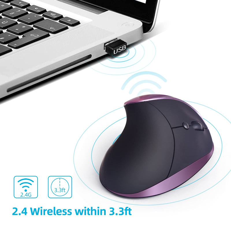 Ergonomic Mouse Wireless,Rechargeable Vertical Mouse with 6 Buttons 3 Adjustable 800/1200/1600 DPI for Laptop, Desktop, PC, MacBook (Purple) Purple