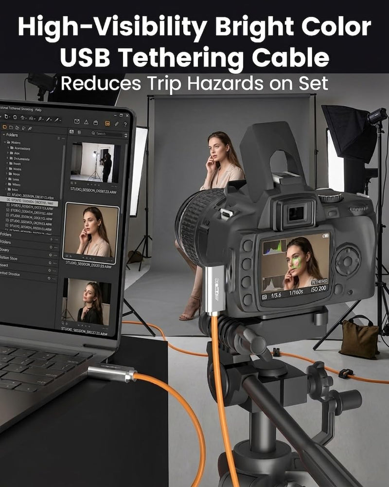Fiber Optic USB C Tethering Cable 30 FT, 10Gbps 60W Right Angle Tether Cord | Bidirectional Data Transfer&German SiliconLine Chip Long Camera Tether Cable, Zero Data Loss for Sony Canon Nikon Computer VR Orange 30FT