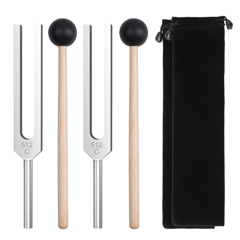 2 pcs 512Hz Tuning Forks Set, Made of Aluminum Alloy Material, Paired with 2pcs Silicone Hammers and 2pcs Plush Cloth Bags, Suitable for Chakra Sound Therapy, Yoga, Meditation