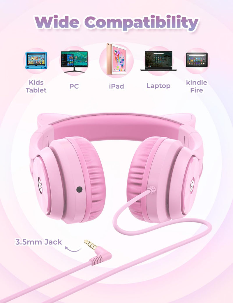 iClever Kids Headphones with Cat Ear Led Light Up, Safe Volume Limite Kids Wired Headphones with FunShare Foldable Over-Ear Headphones for Kids/School/iPad/Tablet/Travel, Meow Donut-Pink Pink Medium