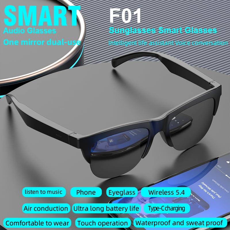 Wireless Smart Glasses Air Bone Conduction BT 5.3 - Open Ear Sport Sunglasses with HiFi Stereo Speakers, IP4 Waterproof, Touch Control, Polarized Anti Blue Light Lens for Driving, Running, Work American Black Frame-black Lens One Size Bluetooth