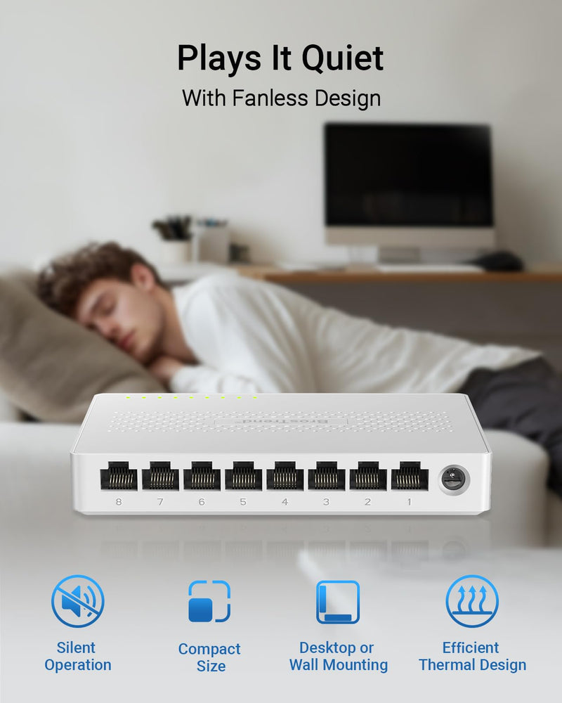 BrosTrend 2.5Gb Switch, 8 Port Unmanaged Network Switch for Gaming, Fanless | Plug & Play Ethernet Switch, 2.5G Multi Gigabit Switch for Xbox, NAS, Computer etc. Desktop / Wall Mount, Lifetime Protection