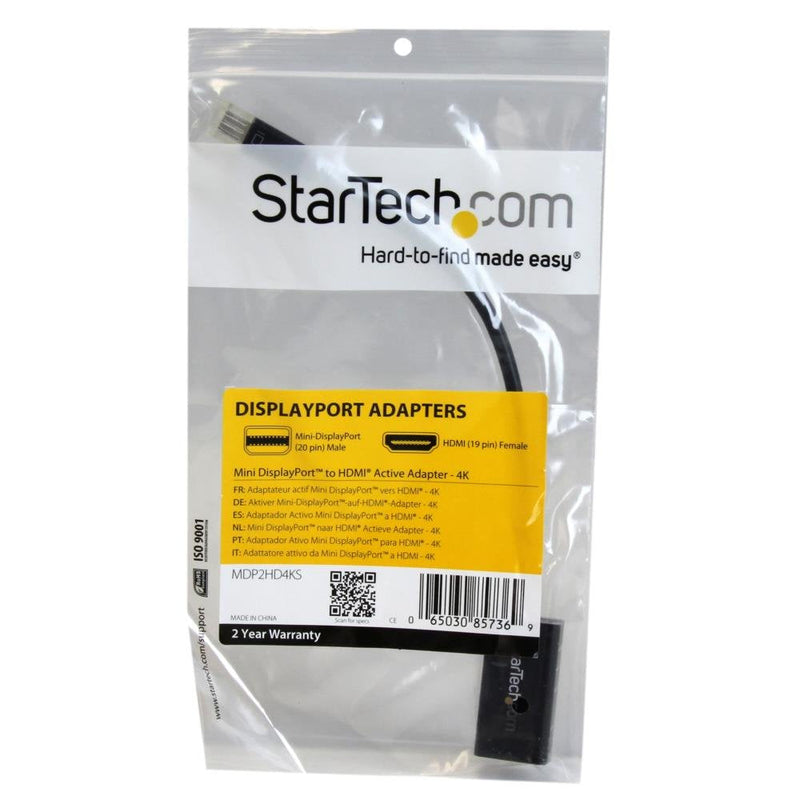 StarTech Active Mini DP to HDMI Adapter, 4K 30Hz, 1080p, DPCP (MDP2HD4KS) | mDP to HDMI Video Converter, Thunderbolt 1/2 Mac/PC to Monitor/TV, 7.1ch Audio, HDCP 1.4, No Drivers, 3840x2160, 1920 x 1200 Black