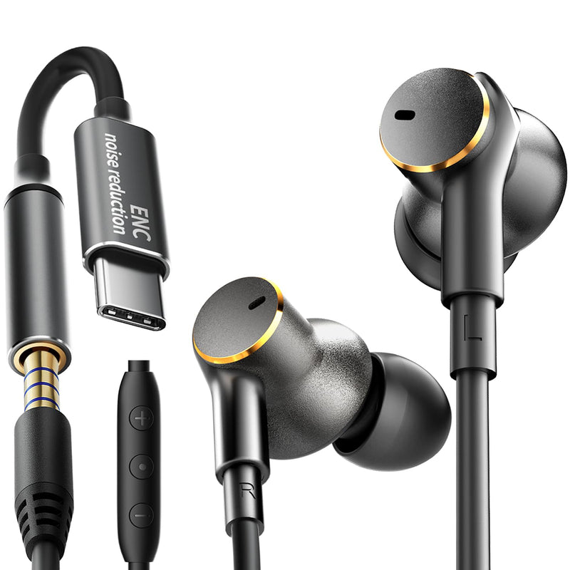 Premium Wired Ear bud with Speech Noise Reduction-Rich Deep Bass Earphones | Dual-Driver In-Ear Calls Noise Cancellation Earbuds USB C & 3.5mm Plug,Noise-Isolating Hi-Fi Headphone Wired Volume Control