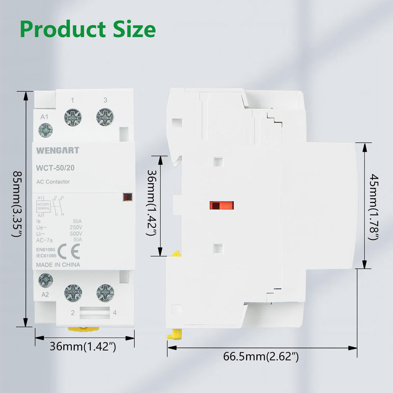 Wengart Compact AC Contactor WCT-50, White, AC230V, 50A, Built for Durability, Whisper Quiet Operation, Energy Saving, with Additional Functions for Household Appliances (2NO) 2NO