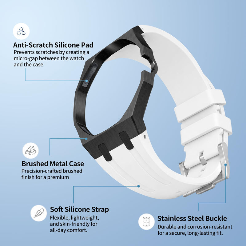 Luxury Aluminum Case Band Mod Kit Compatible with AP Swatch Royal Pop for Men Women, Lightweight Shockproof Aluminum Bumper Case with Sport Silicone Replacement Strap Black White(At 3 o'clock)