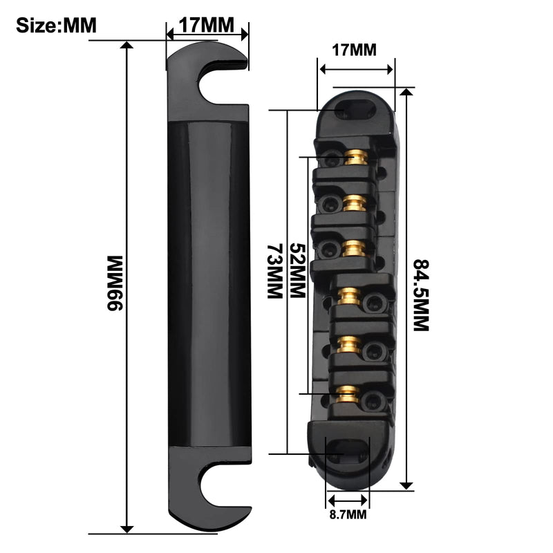 SAPHUE Adjustable Brass Roller Saddle Bridge ABR-1 Style Tune-o-matic Bridge Tailpiece Roller Saddle Bridge for GB LP Gear Replacement (black) black