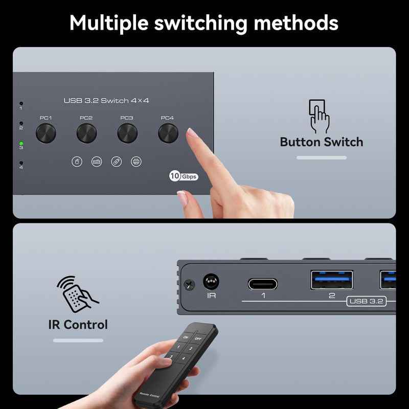 [AUSTRALIA] - USB 3.2 Switch 4 Computers Share 4 USB Devices 4 Port USB Switcher for Mouse Keyboard Scanner Printer with Remote and Cables USB 3.2 4 PC dark gray 