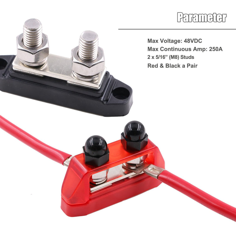 Bus Bar 12V-48V DC 250A Busbars Battery Distribution Block with Dual 5/16" (M8) Posts Terminals Block, 250 Amp Powerbar with Cover Positive & Ground for Car RV Solar Boat, Red& Black 2 Pack Dual 5/16" Posts Terminal with Cover