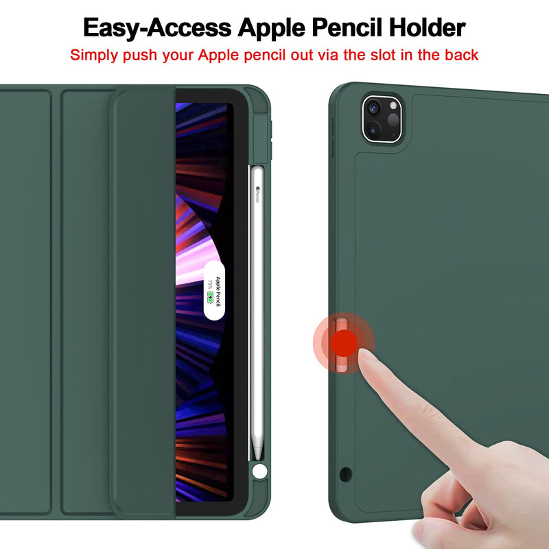 ZryXal New iPad Pro 11 Inch Case 2022(4th Gen)/2021(3rd Gen)/2020(2nd Gen) with Pencil Holder, Smart iPad Case [Support Touch ID and Auto Wake/Sleep] with Auto 2nd Gen Pencil Charging (Midnight Green) Midnight Green