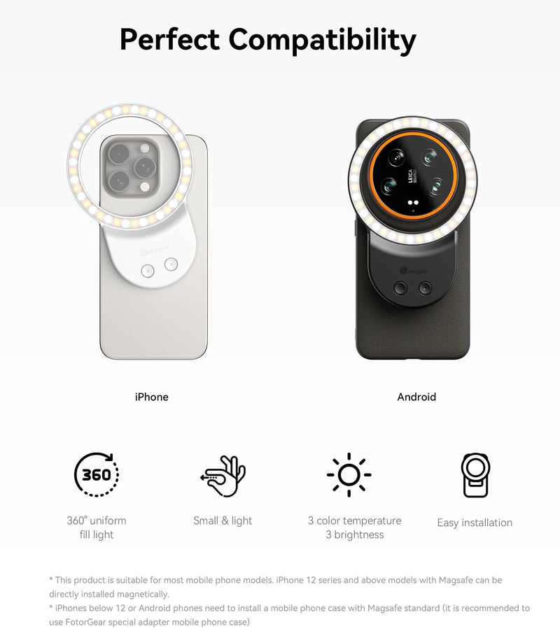 Phone Light, Selfie Light Magnetic, Video Light Compatible with iPhone Android, Tablet, Camera, Laptop Camera Photography, 3 Adjustable Light Modes, Beauty Selfie Ring Light - Black