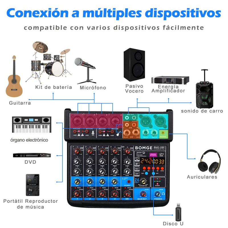 [AUSTRALIA] - BOMGE 6 Channel mini DJ Audio sound mixer console with USB interface, Bluetooth, Stereo Recording, 48V Phantom Power, 24 DSP effects for karaoke, singing, live，streaming，pc recroding. (white) white 