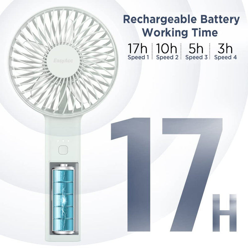 Handheld Fan, EasyAcc 2022 Upgraded Portable Fan [ 4 Speed Quiet Powerful Hand Fan] 3-17 Hours Battery Operated Fan, One Touch Power Off Foldable USB Desk Fan Personal Fan for Home Travel Outdoor 3-17 Working Hours White