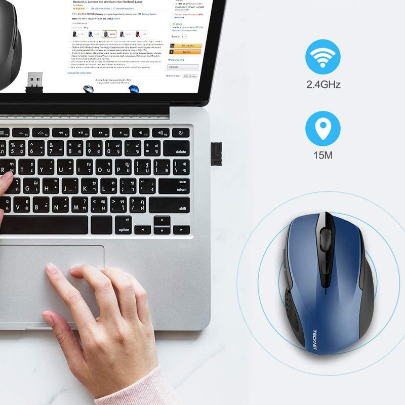 Wireless Mouse, TECKNET Pro 2.4G Ergonomic Wireless Optical Mouse with USB Nano Receiver for Laptop,PC,Computer,Chromebook,Notebook,6 Buttons,24 Months Battery Life, 2600 DPI, 5 Adjustment Levels Blue