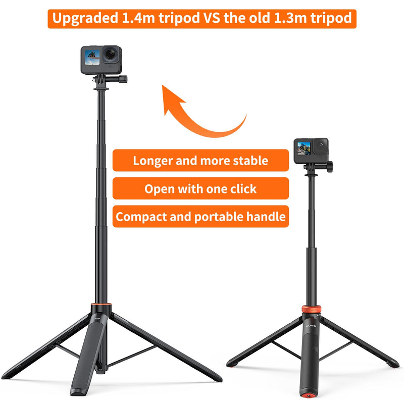 UURig TP21 54inch Telescopic Selfie Stick Long with Tripod, Waterproof Hand Grip, for Insta360 GoPro Hero 10 9 8 7 6 5 4 3 2, Fusion, Max, Session, AKASO, SJCAM, DJI OSMO GoPro A0097