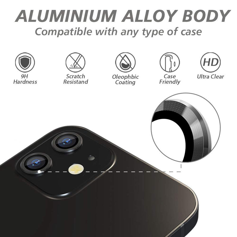 Camera Lens Protector for iphone 12/12 Mini / 11, Tempered Glass Film, Aluminum Alloy Screen Cover, 2 Pack Black, with Cleaning Kit