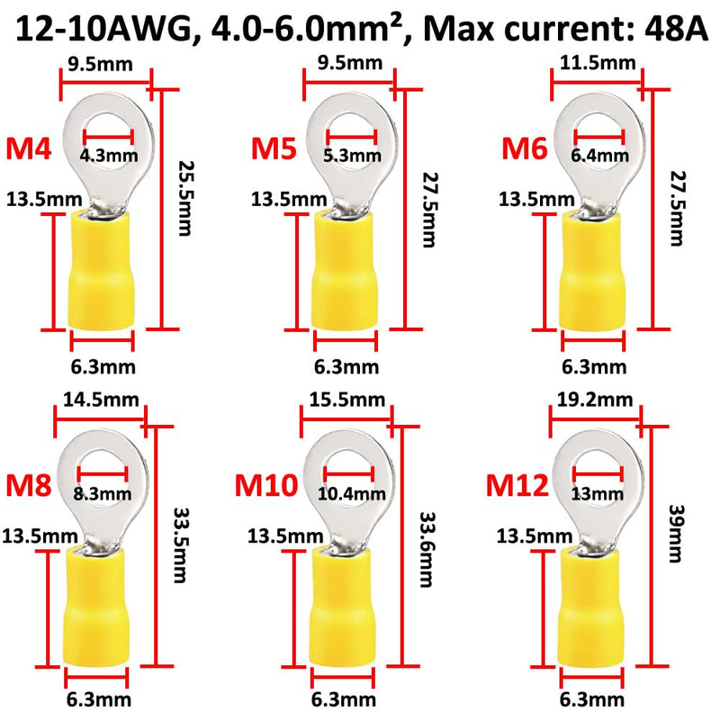 ETOPARS Pack of 100 Yellow M6 Ring Cable Lugs Copper 6.4 mm Hole Ring Cable Lugs 10-12AWG Insulated Electrical Connection Terminal Cable Connector Crimp Connectors M6 Loch Yellow 12-10awg