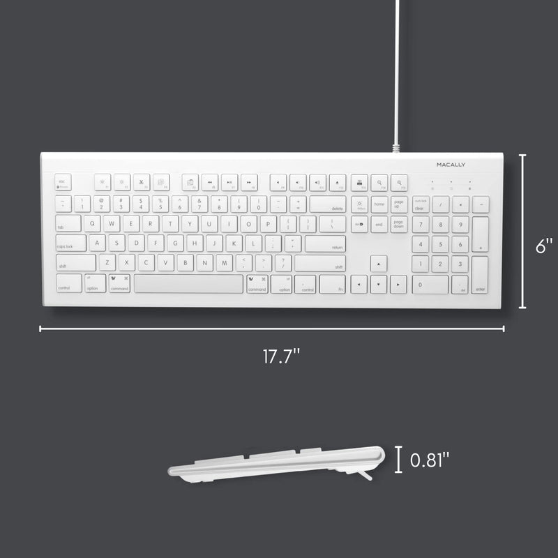 Macally Full Size USB Wired Keyboard for Mac and PC - Plug & Play Wired Computer Keyboard - Compatible Apple Keyboard with 15 Shortcut Keys for Easy Controls & Navigation - White Wired USB
