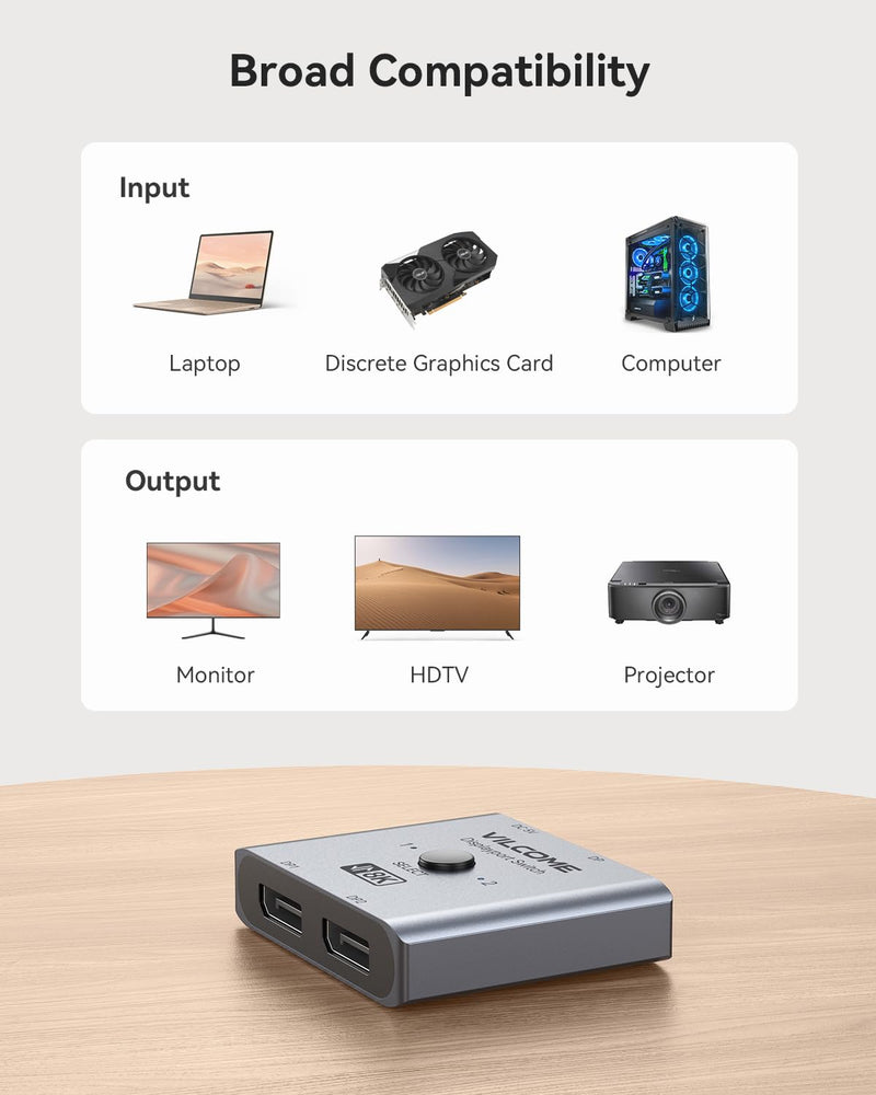 Vilcome DisplayPort Switch 8K Splitter, Plug & Play, One-Button Switching, Bidirectional Display Port Switcher Box 2 in 1 Out/ 1 in 2 Out, 8K@60Hz, 4K@120Hz, 1080P@240Hz for PC Monitor Laptop (Gray) Gray