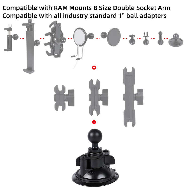 Suction Cup Base Mount with 25mm/1" Ball,Compatible with RAM Mounts and Other B Size Double Ball Socket Arm