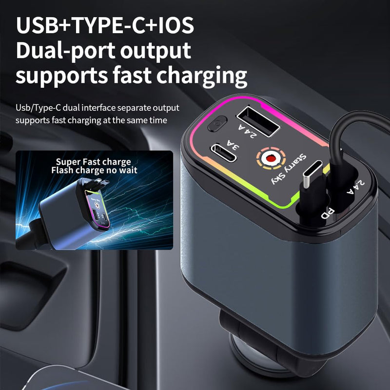 Starlight Retractable Car Charger,66W Starlight in Car roof Fast Car Chargers Adapter 4 in 1 with 2 USB Car Chargers for iPhone 16/15/14/13/12/11 and for Android USB C Cable (X3) X3
