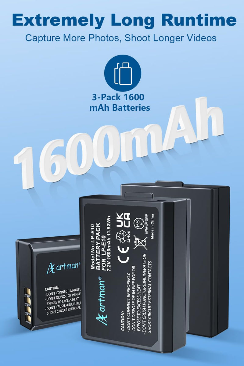 [AUSTRALIA] - Artman 3-Pack LP-E10 Batteries 1600mAh and 3-Slot LCD Charger Pack for Canon EOS Rebel T7 T6 T5 T3 T100 Kiss X50 Kiss X70 EOS 1100D 1200D 1300D 2000D Digital Cameras 