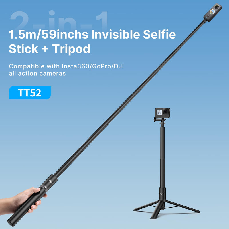 59in Invisible Selfie Stick Tripod for Insta360 X4/GO 3/X3/ONE RS/ONE X2/ONE X/GO 2/ONE R/ONE - ULANZI TT52 Extension Pole Selfie Stick Handle Grip Adjustable Waterproof for GoPro DJI and More