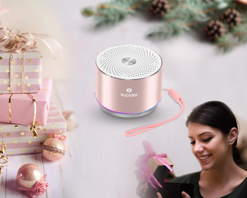 [AUSTRALIA] - Mini Bluetooth Shower Speaker, IPX6 Waterproof Speaker, with RGB Lights, Mic, Portable Silicone Lanyard, Suction Cup, Clear Sound&Rich Bass, 12h Playtime, Small Pink Gifts for Girls Women Pink Rose Gold 