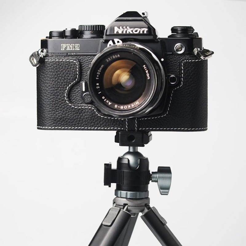 FM2 half case,Handmade Genuine Real Leather Half Camera Case Bag for Nikon FM2 FM2n FE2 (Black) Black