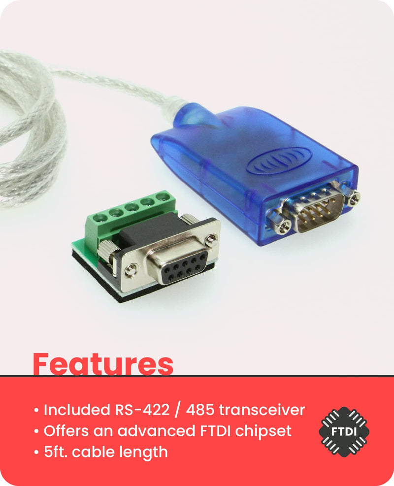 Gearmo Pro 5ft. USB to RS-485/422 Serial Adapter FTDI Chip - Windows 11 Supported