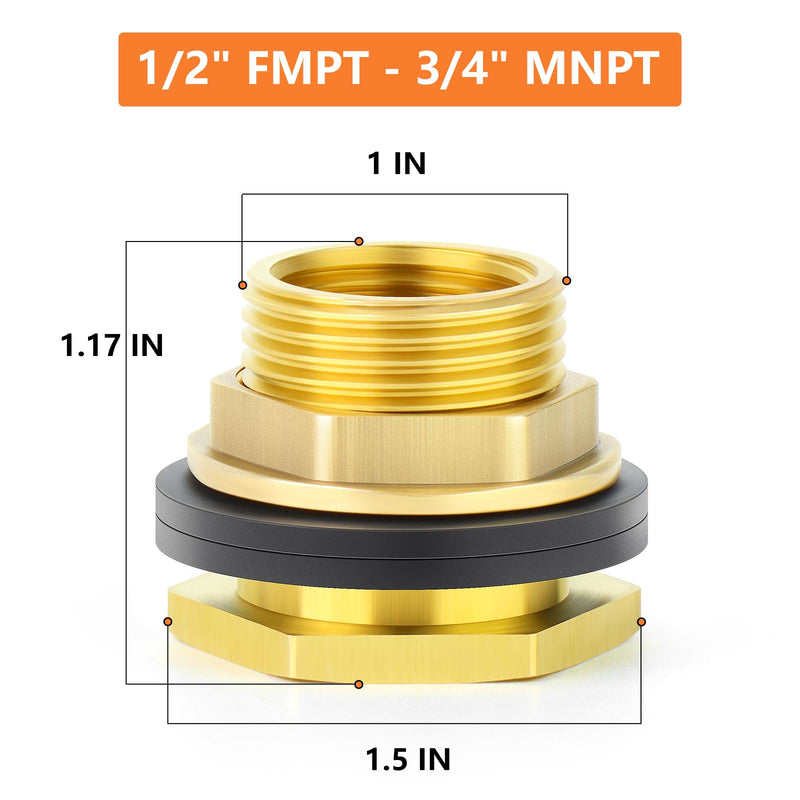 [AUSTRALIA] - GASHER 8PCS Brass 1/2" Female 3/4" Male Bulkhead Tank Connector Adapter Fitting with Rubber Ring 1/2" Female-3/4" Male Without End Caps 8 