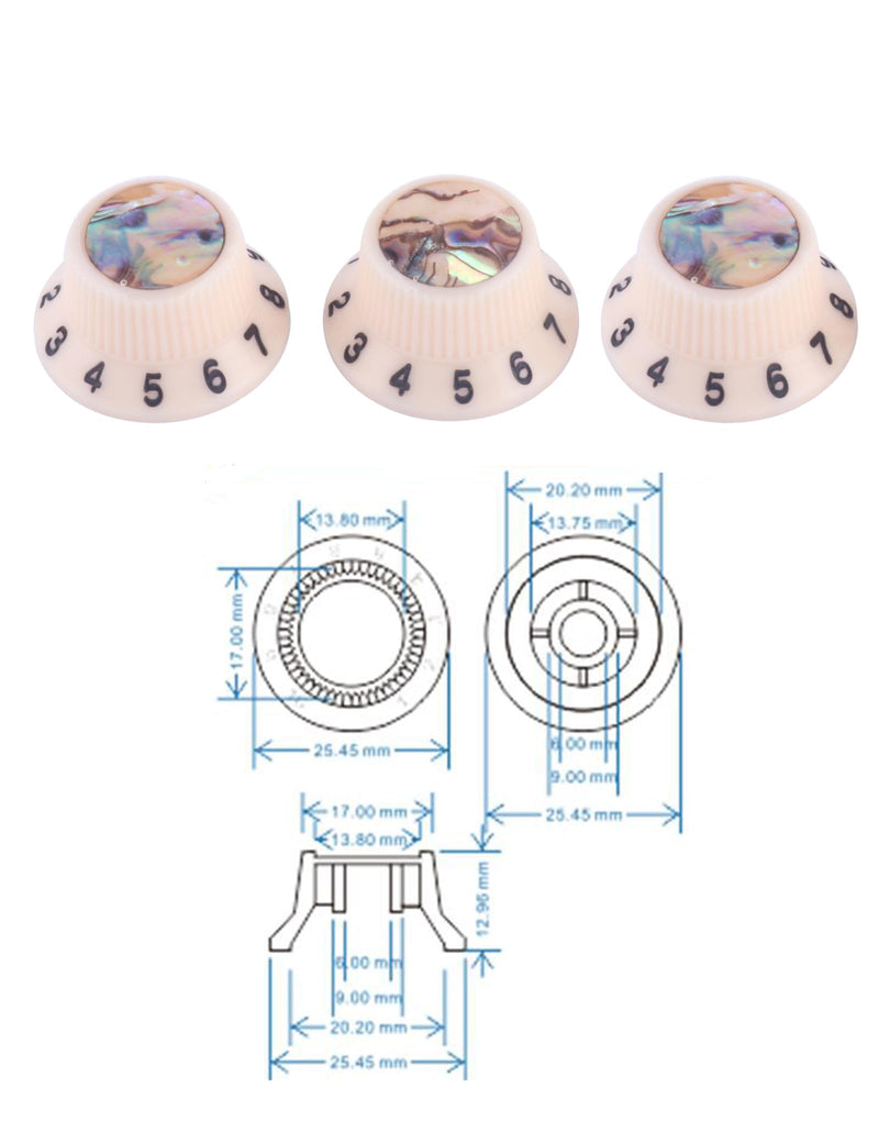 Guitar Knobs Abalone Top Speed Control Knobs 6mm Shaft Pots Volumn Tone Knobs Compatiable with Strat Stratocaster Electric Guitar Set of 3Pcs Ivory.