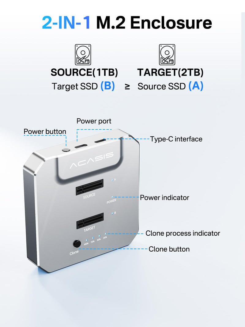 ACASIS 20Gbps M.2 NVMe SSD Cloner & Docking Station, Dual-Bay Duplicator | Offline Cloning • Aluminum Heat Dissipation • Tool-Free Installation • PCIe NVMe M-Key Support • USB Adapter Design