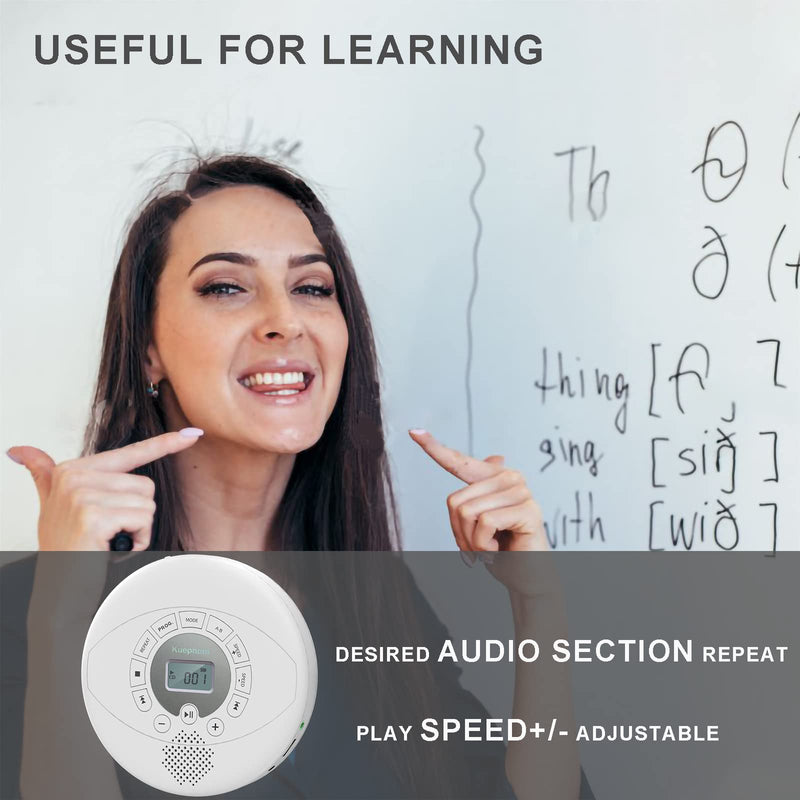 Portable CD Player, KUEPHOM Walkman CD Player with Headphones, Discman with Speaker,Anti-Skip CD Player for Car, Rechargeable 1500mAh, CD,USB disc playable with Memory, AUX in for audiobook, White