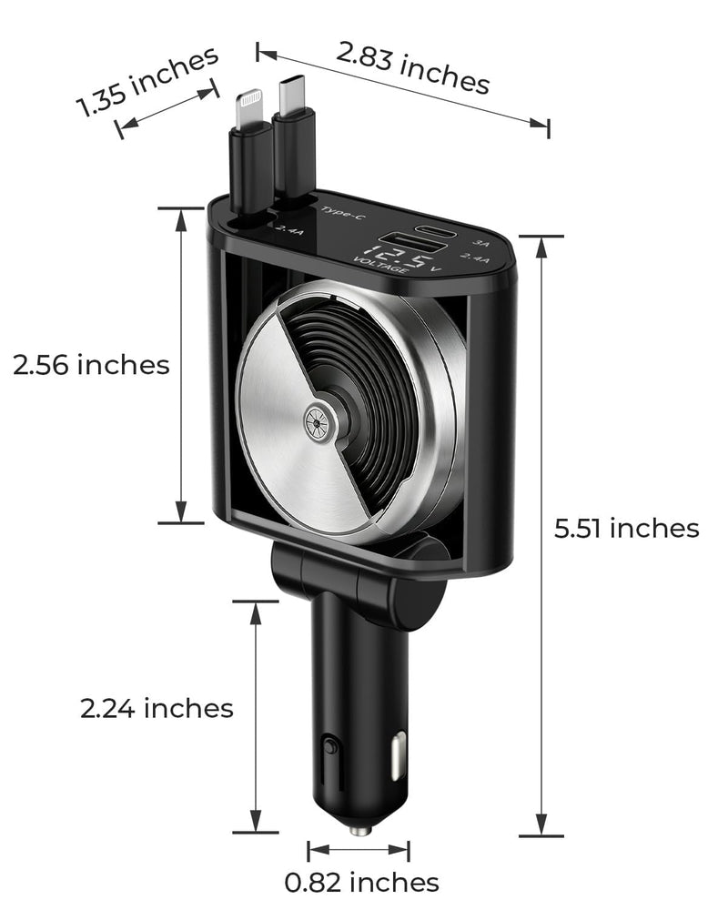4 in 1 Retractable Car Charger, USB C Fast Charging Adapter, Black | Compatible with iPhone 17-8 and Samsung Galaxy; ideal gift for drives,cars,trucks,SUVs,road trips,rideshare,and family travel
