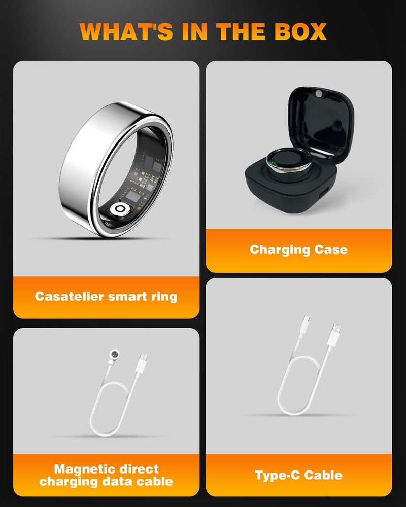 Smart Ring Health Tracker with Charging Case Sleep Heart Rate & Blood Oxygen Monitor 5ATM+IP68 Waterproof Fitness Ring No Subscription 3-7Day Battery iOS & Android Compatible for Men Women silver 9#