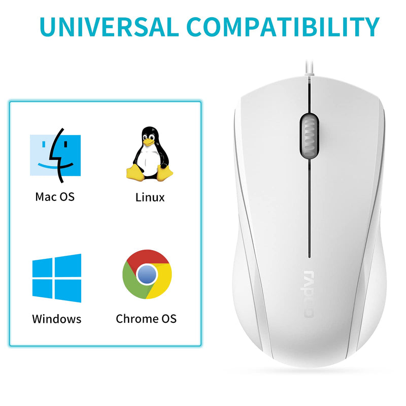 Rapoo N1600 3-Button Quiet Wired Mouse, 1000DPI Optical Mouse, Quiet Button, Ergonomic Shape, for Desktop Computers Laptops, Matte White
