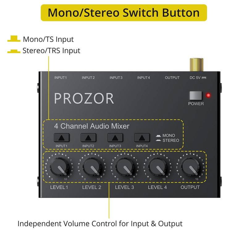 [AUSTRALIA] - PROZOR Mini Audio Mixer 4 Channel Line Mixer - USB-C Powered Sub Mixer with Volume Control & Stereo Mono Switch, Compact Low Noise Audio Mixer for Guitar, Bass, Keyboard, Recording, Streaming 