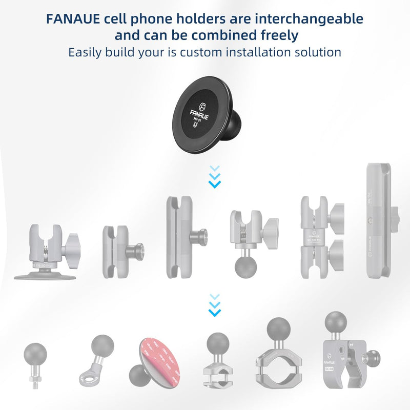 FANAUE Magnetic Car Mount Compatible with Ram Mount B Size Ball Head Anti-Theft Double Socket Arm and Bike Motorcycle Phone Holder, Suitable for 4.7-7.5" Smartphones