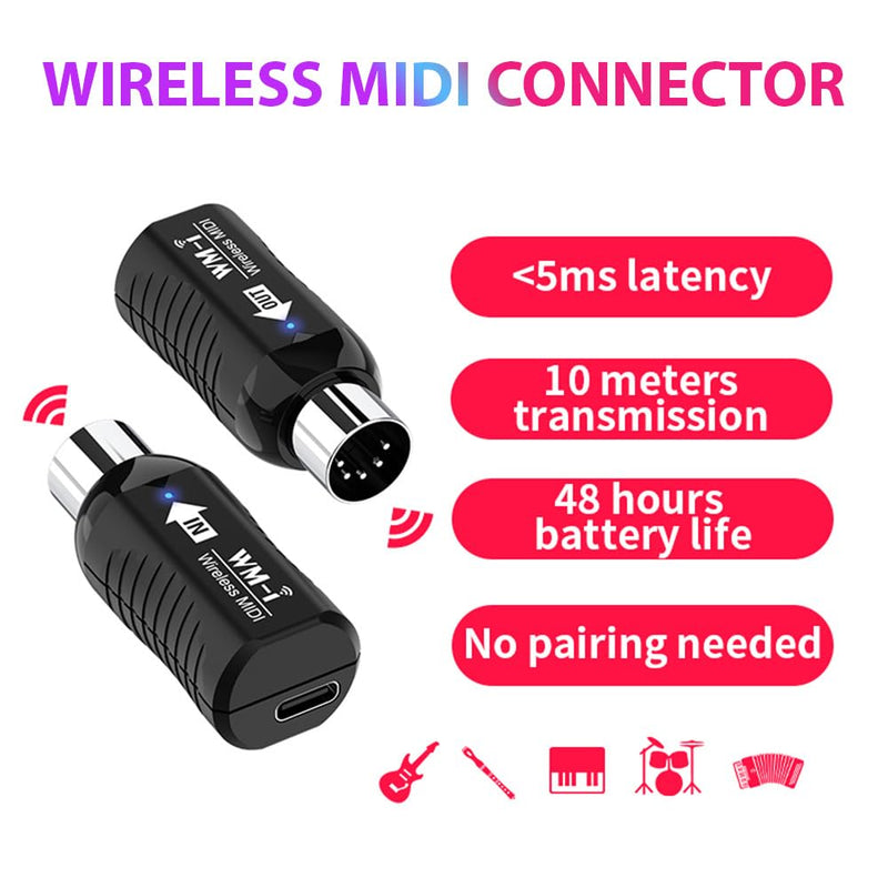 MIDI Adapter Rechargeable Audio Transmitter Receiver 2.4GHz Ultra-Low Latency Built-in Silent Portable MIDI Connector for Wind Instruments Guitar Digital Piano Keyboard